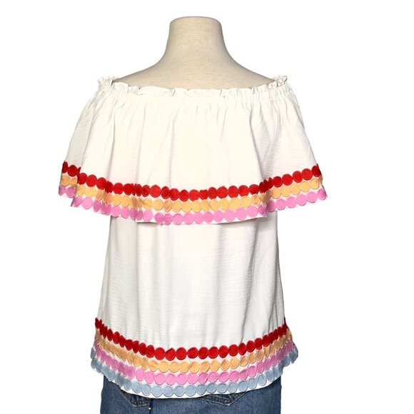 Morgan Claire Multi White Off Shoulder Ric-Rac Trimmed Ruffled Tiered Top Size S - Picture 5 of 10